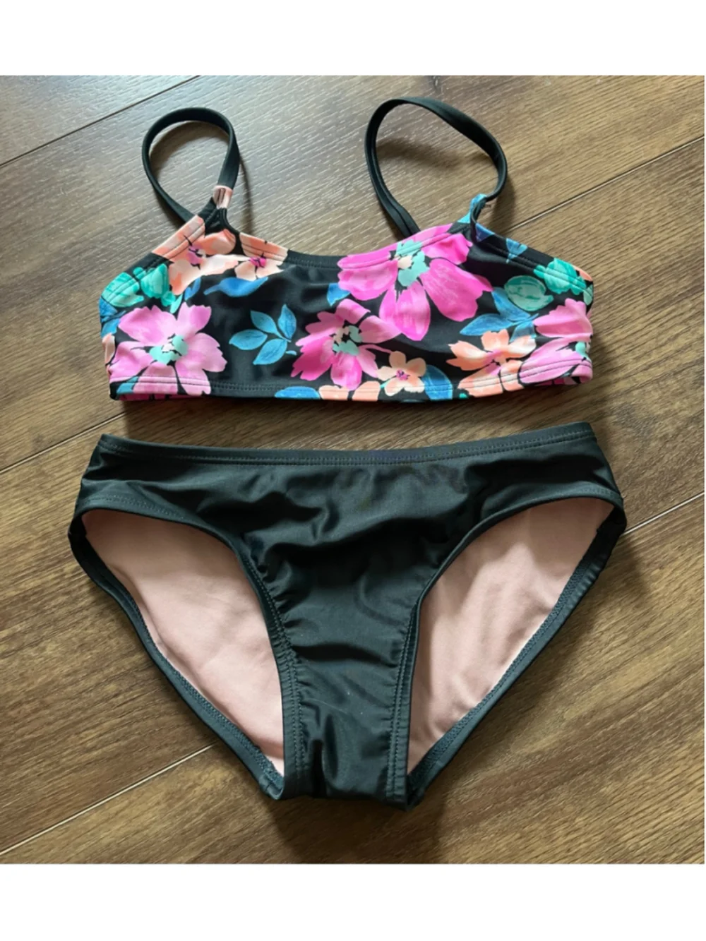 Girls Art Class Floral Bikini Swimsuit Green Pink Size S (6/7)